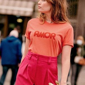 Sezane orange pink coral t shirt with inscriptions size L